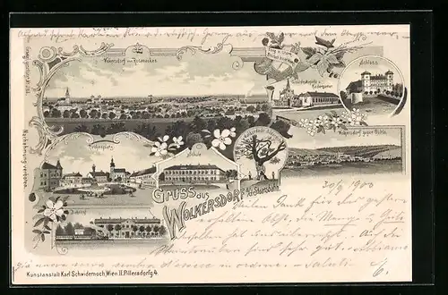 Lithographie Wolkersdorf a. d. Staatsbahn, Schloss, Schule, Bahnhof