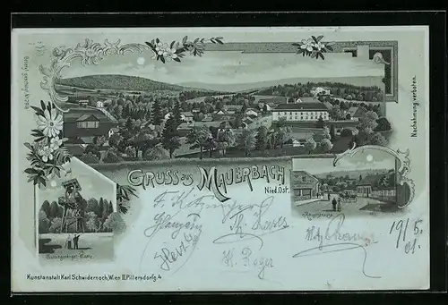 Mondschein-Lithographie Mauerbach, Teilansicht, Tulbingerkogel-Warte, Hauptstrasse