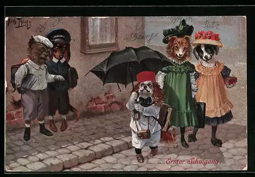 Künstler-AK Arthur Thiele: Kleiner Hund beim ersten Schulgang, Dackel im Matrosenanzug