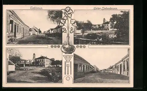 AK Unter-Siebenbrunn, Strassenpartie mit Geschäft, Ortspartie mit Kirche, Strassenpartie mit Gebäudeansicht
