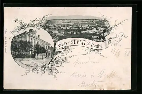 AK St. Veit a. d. Triesting, M. Kindls Gasthaus, Ortsansicht aus der Vogelschau