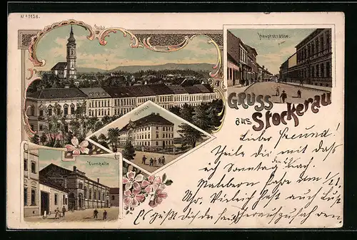 Lithographie Stockerau, Turnhalle, Hauptstrasse, Convict