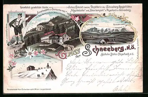 Lithographie Schneeberg, Schneeberghotel zum Baumgartner, Fischerhütte und Kaiserstein