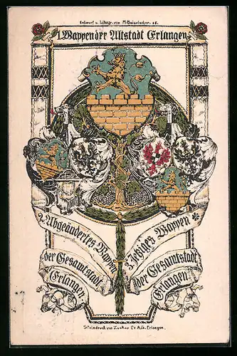 Lithographie Ganzsache Bayern PP15F7: Erlangen, 1. Wappen der Altstadt