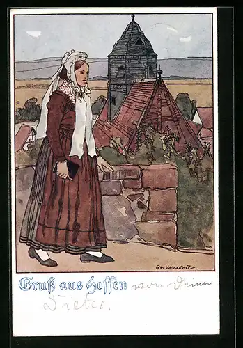 Künstler-AK Otto Ubbelohde: Gruss aus Hessen, Frau in hessischer Tracht