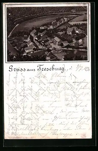 Vorläufer-Lithographie Treseburg, 1890, Ortsansicht aus der Vogelschau