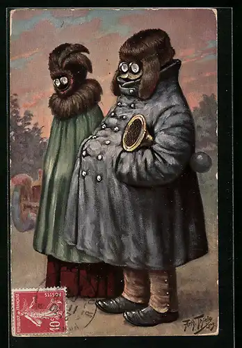 Künstler-AK Arthur Thiele: Automobilisten Paar mit Masken und Hupe