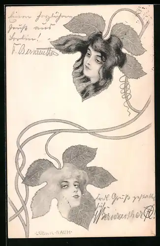 Künstler-AK Ludwig Rauh: Gesichter hübscher Mädchen auf Weinblättern, Jugendstil