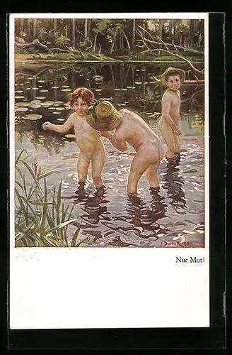 Künstler-AK Franz Doubek: Nur Mut!, Drei Kinder baden im See