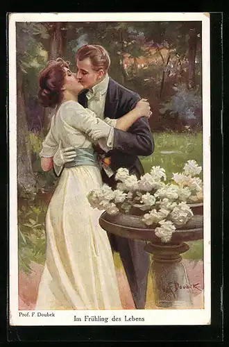 Künstler-AK Franz Doubek: Im Frühling des Lebens, Dame und Herr küssen sich