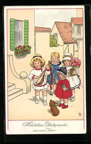 Künstler-AK Lia Döring: Kinder mit Blumen und Instrument, Neujahrsgruss