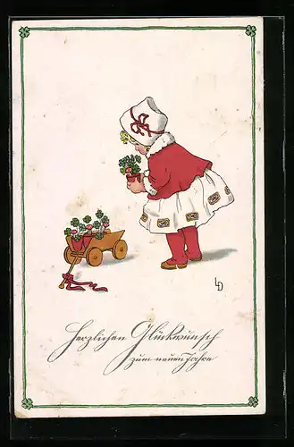 Künstler-AK Lia Döring: Mädchen im Kleid mit Glücksklee