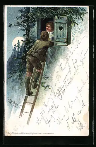 Künstler-AK E. Döcker: Mann auf einer Leiter am Fenster einer Frau