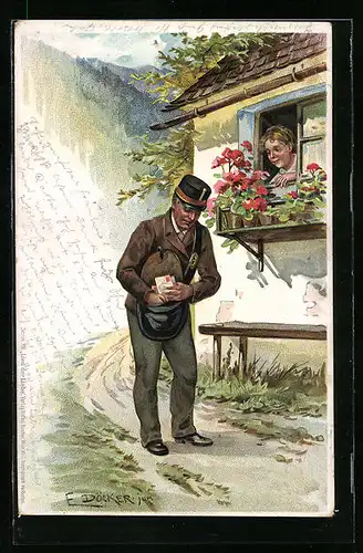 Künstler-AK E. Döcker: Postbote bei Zustellung von Briefen