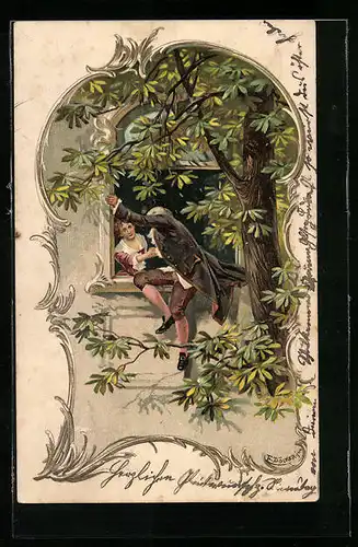 Künstler-AK E. Döcker: Mann klettert in Fenster einer Frau