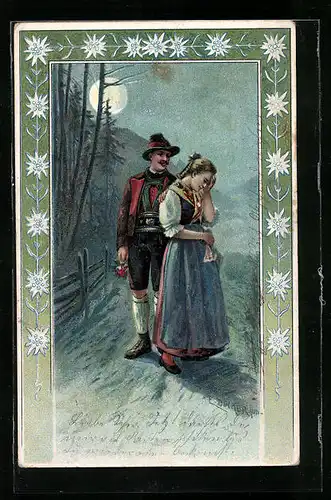 Künstler-AK E. Döcker: Mann und Frau verabschieden sich bei Mondlicht