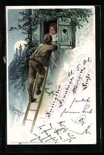 Künstler-AK E. Döcker: Mann mit einer Leiter am Fenster einer Frau