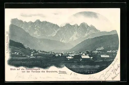 AK Gosau, Blick auf Donnerkogeln von der Terrasse des Brandwirts