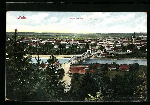 AK Wels, Totalansicht mit Brücke