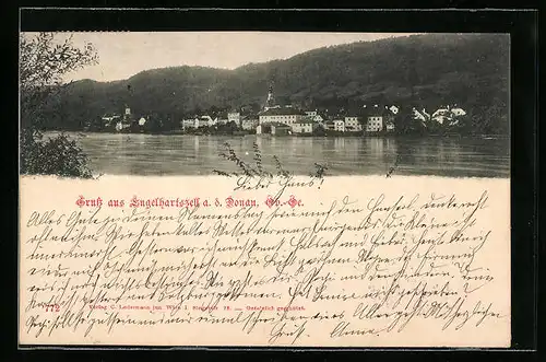 AK Engelhartszell a. d. Donau, Teilansicht mit Bergen