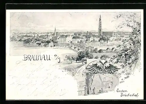 Künstler-AK Braunau a. I., Totalansicht aus der Vogelschau, Österr. Brückenkopf