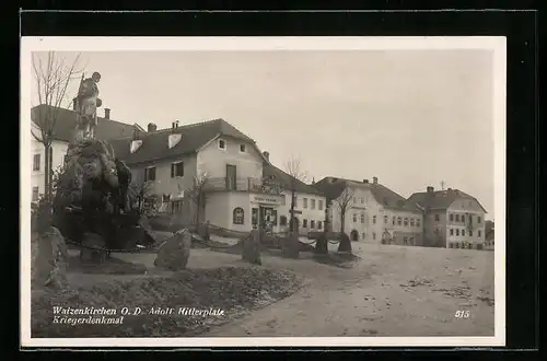 AK Waizenkirchen /O.D., platz mit Tabakgeschäft und Kriegerdenkmal