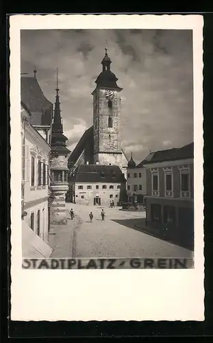 AK Grein, Stadtplatz mit Blick zur Kirche