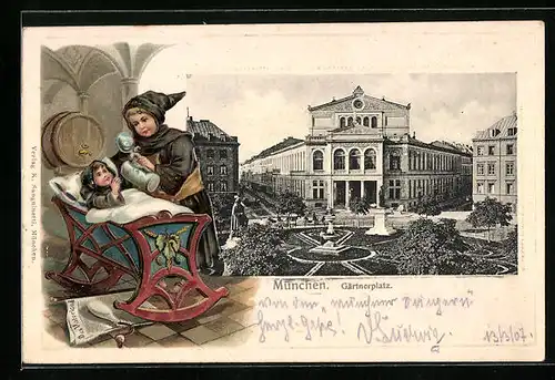 Passepartout-Lithographie München, Blick auf Gärtnerplatz