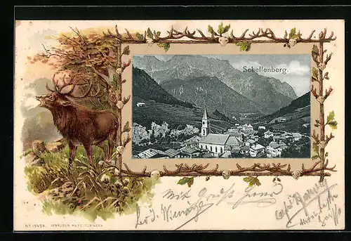 Passepartout-Lithographie Schellenberg, Teilansicht mit Kirche