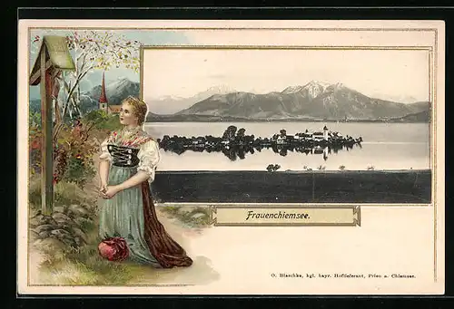 Passepartout-Lithographie Frauenchiemsee, Ortsansicht mit Bergen