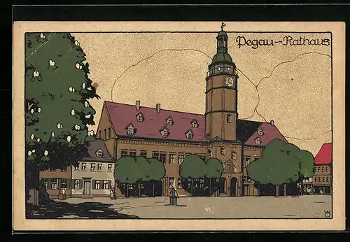 Steindruck-AK Pegau, Blick auf Rathaus