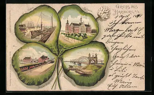 Passepartout-Lithographie Harburg, Rathaus, Hafen, Bahnhof, Kleeblatt