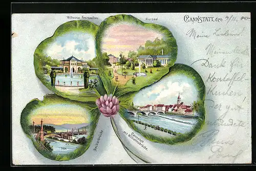 Passepartout-Lithographie Cannstatt, Neckarbrücke, Wilhelma Festsaalbau, Kleeblatt