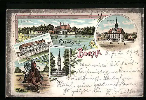 Lithographie Borna, Kaserne, Stadthaus, Siegesdenkmal