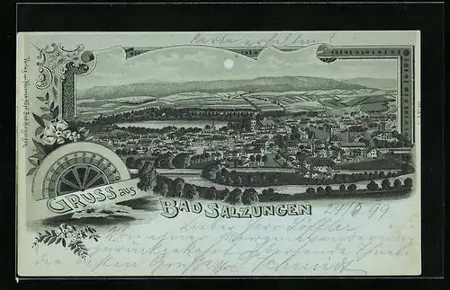 Mondschein-Lithographie Bad Salzungen, Ortsansicht aus der Vogelschau