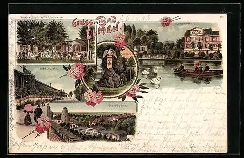 Lithographie Bad Elmen, Restaurant Villa Bismarck, Badepark, Schwanenteich mit Boot