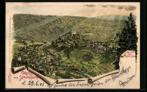 Künstler-AK H. Bahndorf: Schwarzburg, Blick vom Trippstein