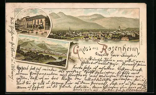 Lithographie Rosenheim, Kaiserbad, Ortsansicht mit Bergen