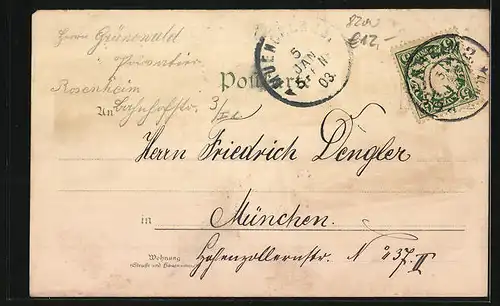 Lithographie Rosenheim, Kaiserbad, Ortsansicht mit Bergen