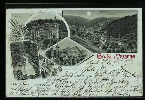 Mondschein-Lithographie Triberg /Schwarzwald, Hotel, Gewerbehalle