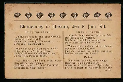 AK Husum, Blumentag 8. Juni 1911