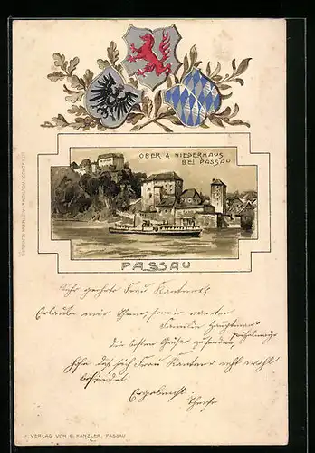 Passepartout-Lithographie Passau, Ober- & Niederhaus bei Passau, Donaudampfer, Wappen