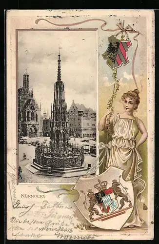 Passepartout-Lithographie Nürnberg, Ansicht Schöner Brunnen, Maid mit Wappen