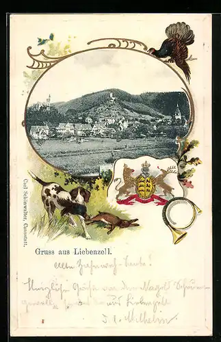 Passepartout-Lithographie Liebenzell, Totalansicht der Gemeinde, Jagdhund mit Beute