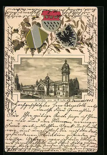 Passepartout-Lithographie Köln, Ansicht vom Bahnhof, Stadt-Wappen
