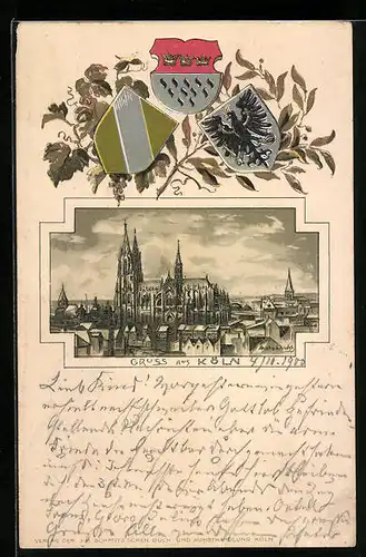 Passepartout-Lithographie Köln, Dom im Stadtbild, Stadt-Wappen