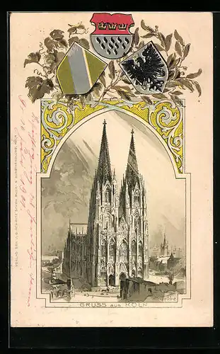 Passepartout-Lithographie Köln, Dom mit Umgebung, Wappen