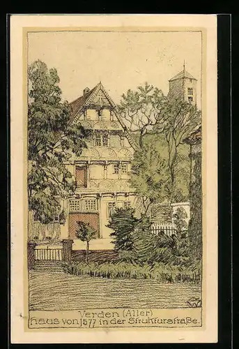 Steindruck-AK Verden /Aller, Haus von 1577 in der Strukturstrasse