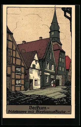 Steindruck-AK Beckum, Südstrasse mit Stephanuskirche