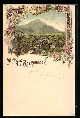 Lithographie Oberaudorf, Totalansicht mit Bergen